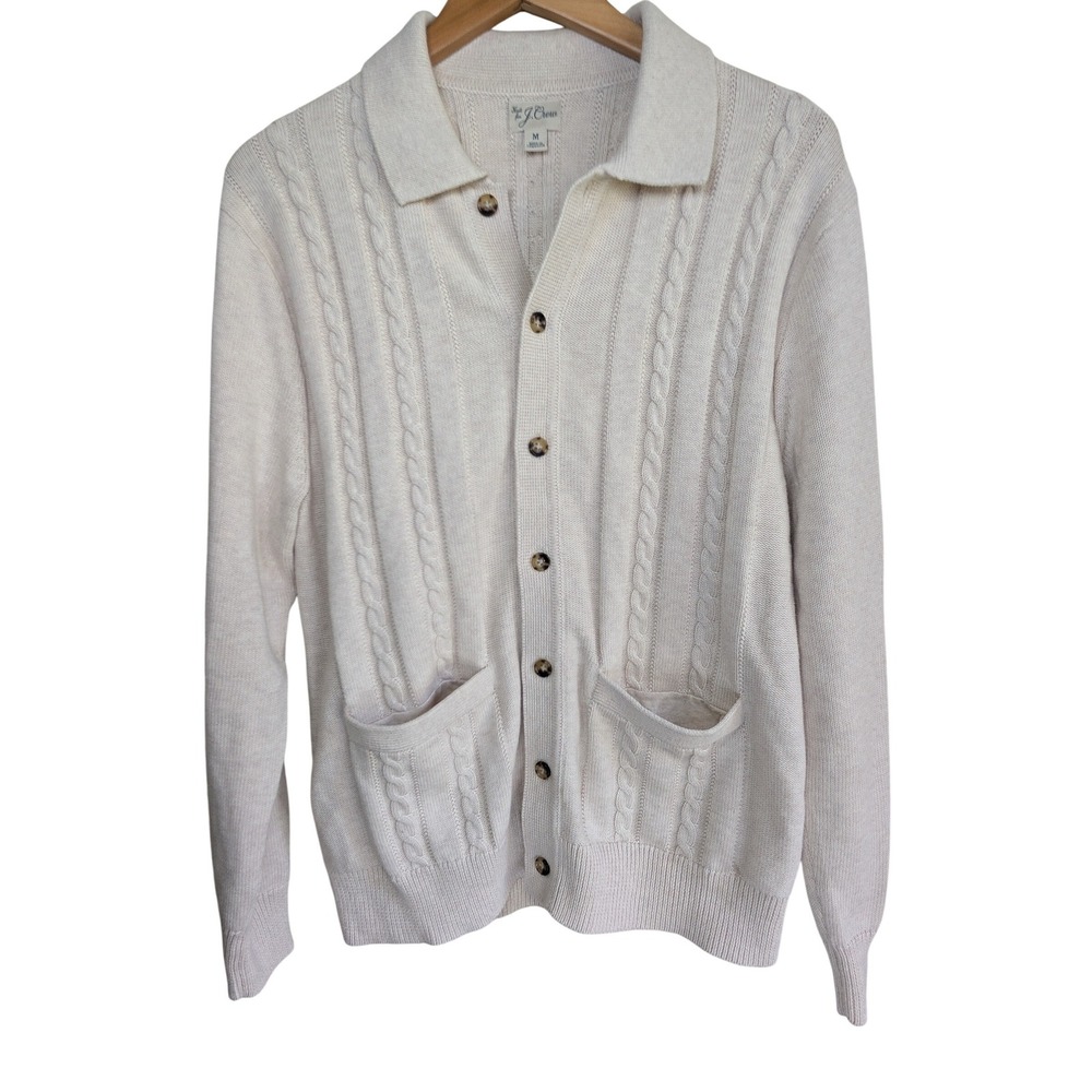 J.Crew Heritage Cotton Cable-Knit Cardigan Polo Men Sweater M Cream Ivory